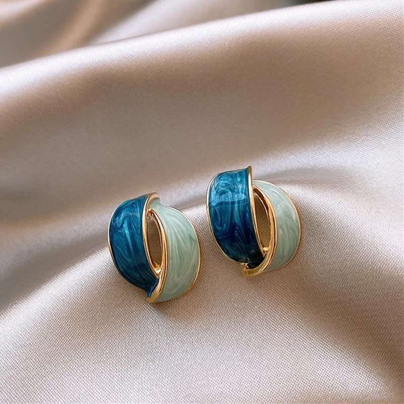 Double Arc Cross Enamel Blue Geometric Earring  Contrast Colour  Women Jewellery