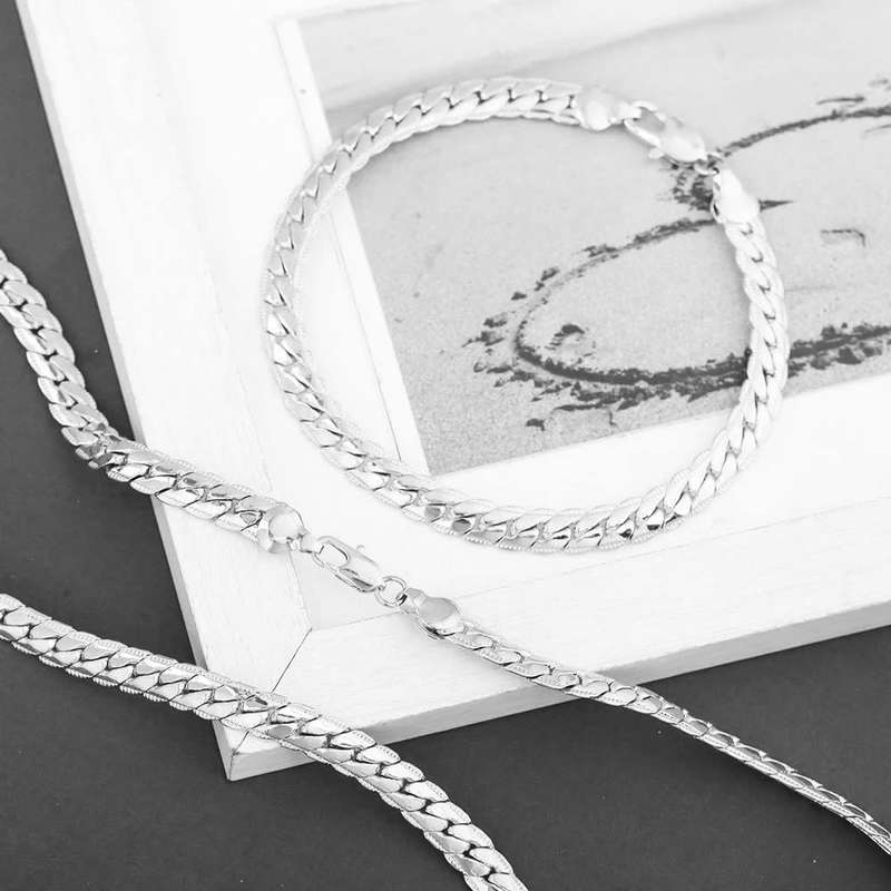 Virola Link Neck Chain & Bracelet  Jewellery Set 6mm 18k Plated