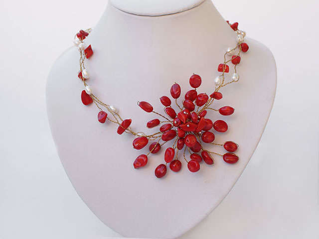 White pearl and red coral flower necklace with moonlight clasp