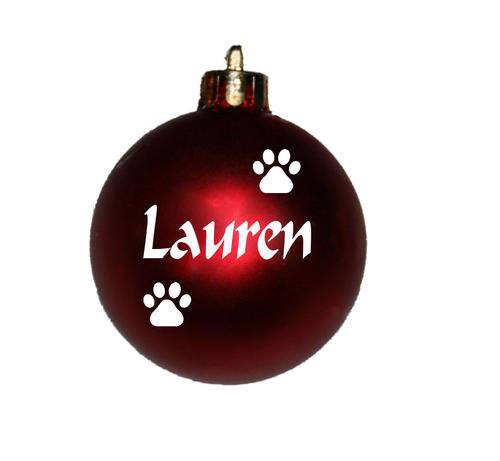 Personalised Christmas baubles each in a red organza bag. Paws. stars, rhino, cat, butterfly ......