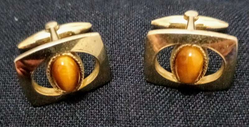 Vintage Cufflinks Tigers Eye and Matching Tie Pin Gold Plated
