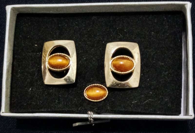 Vintage Cufflinks Tigers Eye and Matching Tie Pin Gold Plated