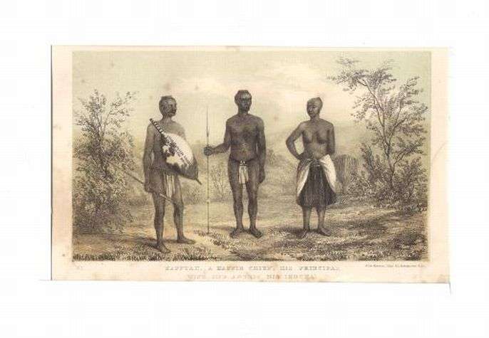 Circa 1855 ILLUSTRATION ON WOOD & STONE OF NATAL TRIBE CHIEF,WIFE & INDUNA