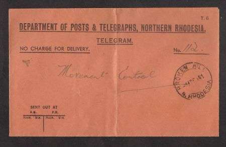 1941 NORTHERN RHODESIA TELEGRAM COVER " BROKEN HILL" Cds