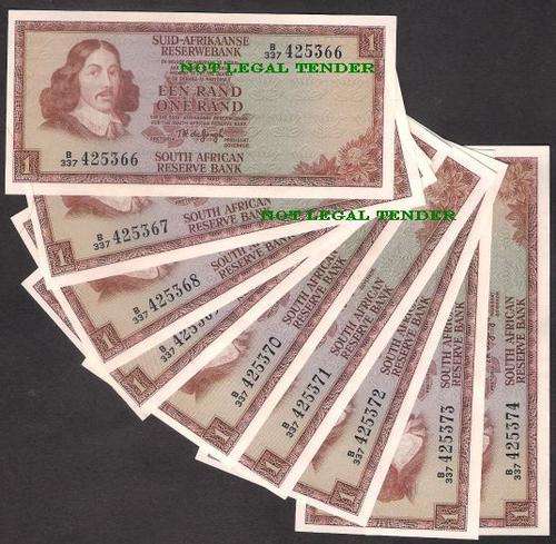 1973 Rsa TW De JONGH UNC BankNotes x 9 in SERIAL NUMBER SEQUENCE
