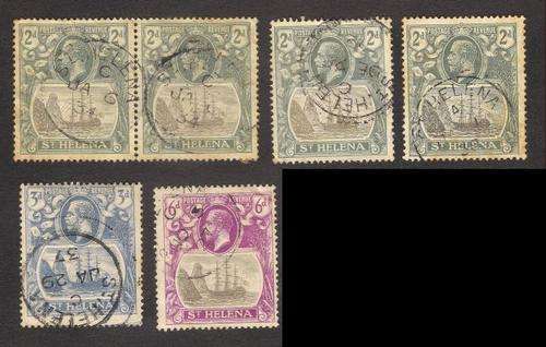 1922 ST HELENA KGV 2d x 4 , 3d & 6d"BROKEN FRAME,THICK FRAME PERF SHIFT WEAK IMPRESSION " - Used