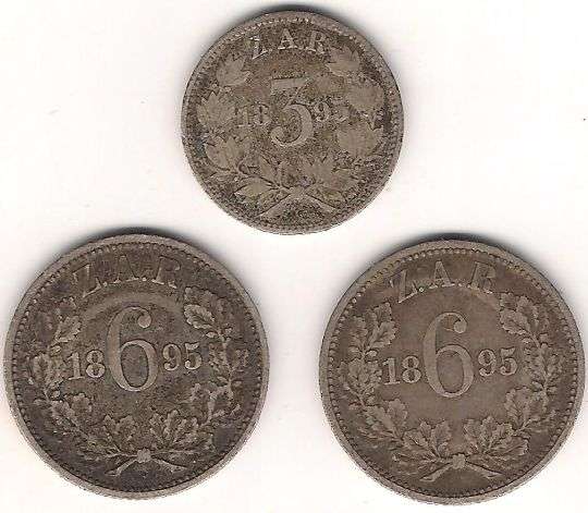1895 ZAR 3d TICKEY & 6d SIX PENCE x 2 SILVER COINS