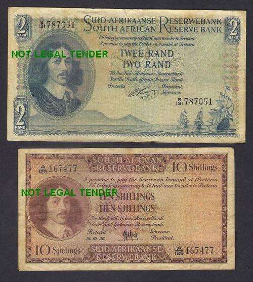 SOUTH AFRICA MH De KOCK 10 SHILLINGS BANKNOTE & G RISSIK R 2 BANKNOTE