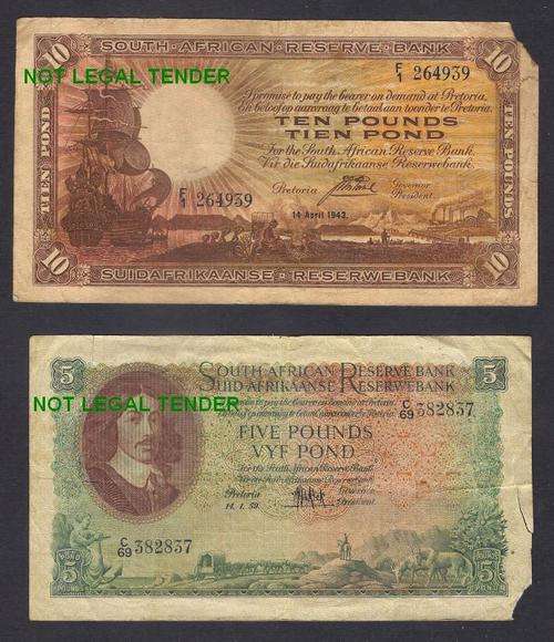 SOUTH AFRICA J POSTMUS 10 POUND BANKNOTE & MH De KOCK 5 POUNDS