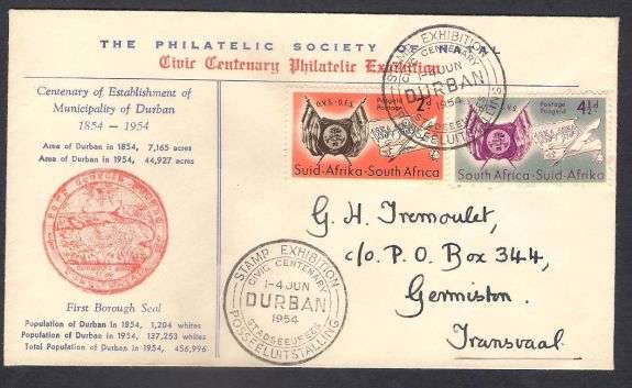 1954 UNION OF SOUTH AFRICA DURBAN STAMP EXHIBITION COVER