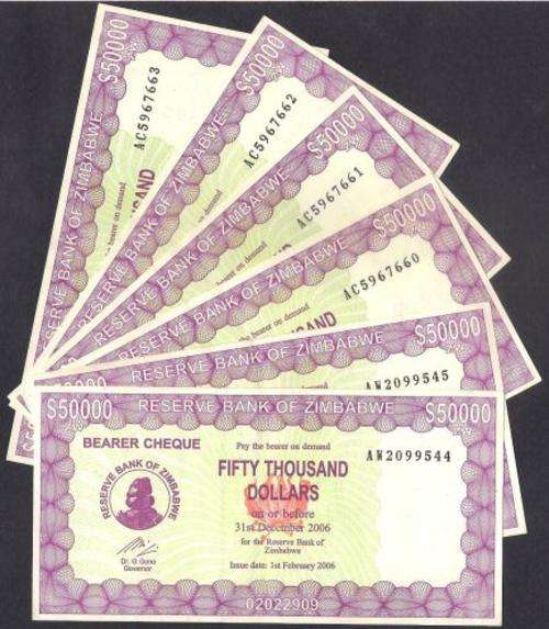2006 ZIMBABWE $ 50 000 DOLLARS UNC BEARER CHEQUE x 9 Incl In SERIAL NUMBER SEQUENCE
