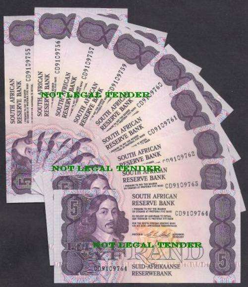 SOUTH AFRICA R 5 CHRIS STALS BANKNOTES x 10 IN SERIAL NUMBER SEQUENCE-UNC !