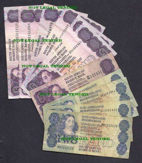 SOUTH AFRICA R 2 x 4 & R 5 x 8 GPC DE KOCK BANKNOTES incl R 2 REPLACEMENT NOTE