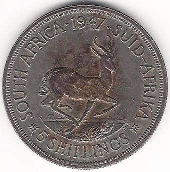 1947 UNION OF SOUTH AFRICA 5 SHILLINGS TONED SILVER CROWN - UNC