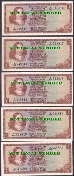 SOUTH AFRICA TW De JONGH R 1 BANKNOTES x 5 IN SERIAL NUMBER SEQUENCE - UNC !