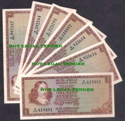 SOUTH AFRICA TW De JONGH R 1 BANKNOTES x 6 - UNC !