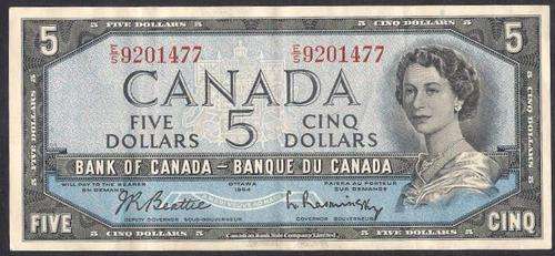 1954 CANADA QE II $ 5 DOLLAR BILL BANKNOTE