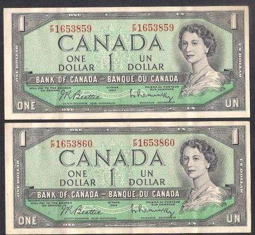 1954 CANADA QE II $ 1 DOLLAR BILL BANKNOTE x 2 IN SERIAL NUMBER SEQUENCE