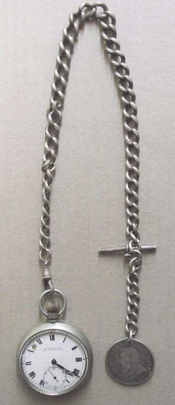 BOER WAR G.P PERKS & SON,KING WILLIAMS TOWN POCKET WATCH & HALLMARKED CHAIN & FOB WITH ZAR COIN