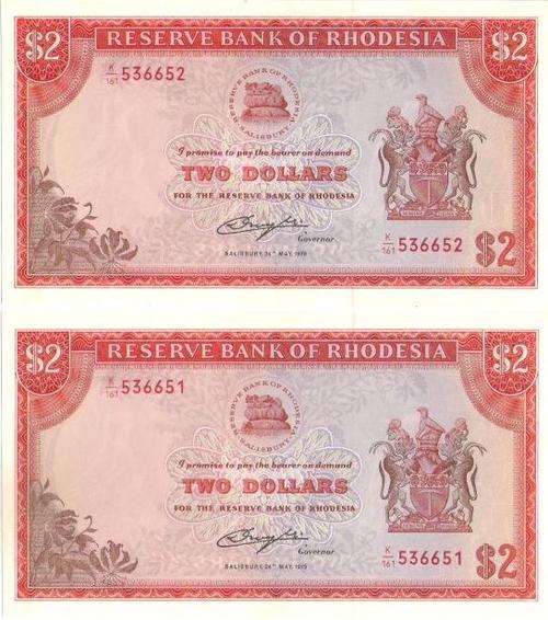 RHODESIA TWO DOLLARS UNC BANKNOTES IN SERIAL NUMBER SEQUENCE