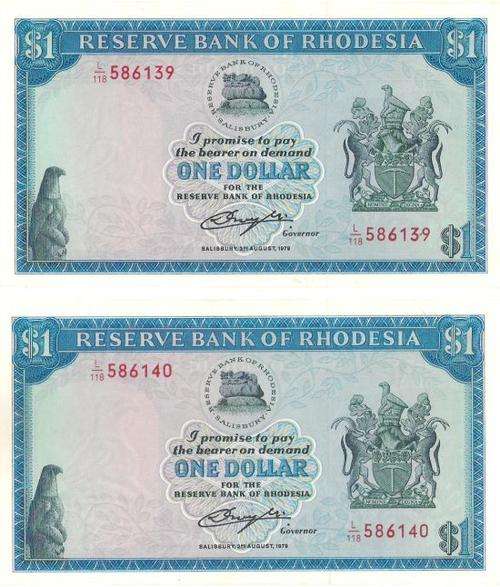 RHODESIA ONE DOLLAR UNC BANKNOTES IN SERIAL NUMBER SEQUENCE