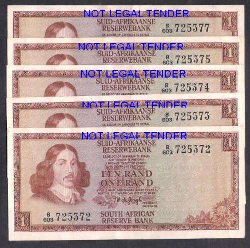 SOUTH AFRICA TW De JONGH R 1 BANKNOTES x 5 -4 IN SEQUENCE - UNC