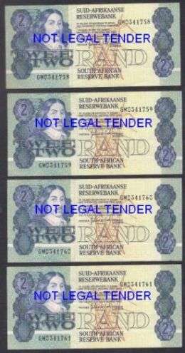 RSA R 2 G De KOCK UNC BANKNOTES - FOUR IN SEQUENCE