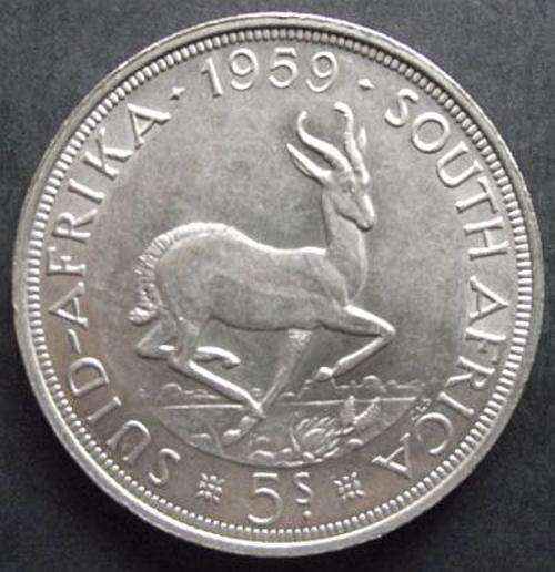 1959 UNION OF SOUTH AFRICA 5 SHILLINGS SILVER CROWN