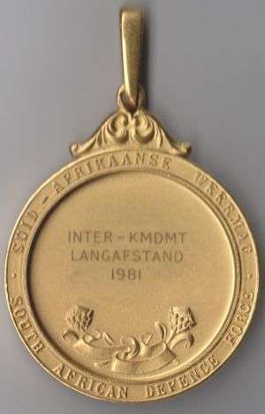 1981 SADF INTER KMDMT LANGAFSTAND GOLD SPORTS MEDAL FOR SHOOTING