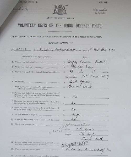 WORLD WAR TWO 1939-45 STAR&WAR MEDAL TO A SERGEANT IN THE SOUTH AFRICAN ARTILLERY & SERVICE PAPRES