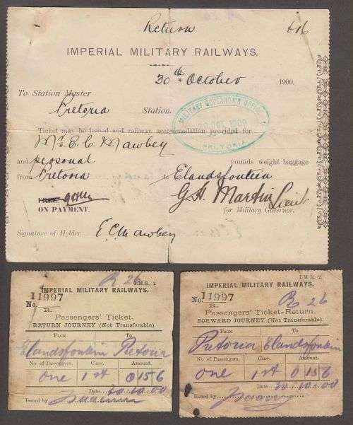 1900 BOER WAR IMPERIAL MILITARY RAILWAYS PASS BETWEEN PRETORIA&ELANDSFONTEIN INCL PASSENGER TICKETS