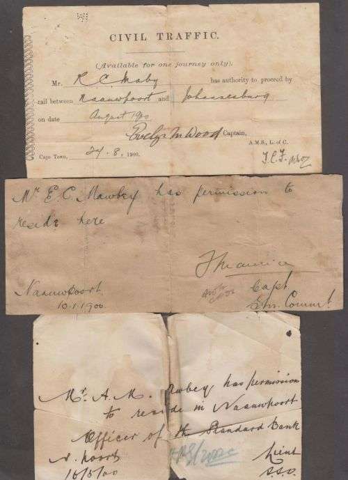 1900 BOER WAR NAAUWPOORT TO JOHANNESBURG TRAVEL PASS & PERMISSION SLIPS TO RESIDE IN NAAUWPOORT
