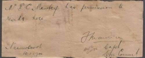 1900 BOER WAR NAAUWPOORT TO JOHANNESBURG TRAVEL PASS & PERMISSION SLIPS TO RESIDE IN NAAUWPOORT