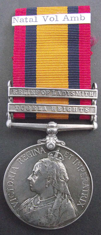 QSA MEDAL WITH 2 CLASPS TO A BEARER IN THE NATAL VOLUNTEER AMBULANCE CORPS