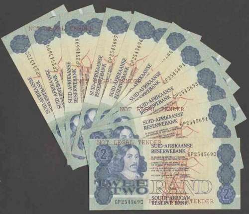 SOUTH AFRICA GPC de KOCK TWO RAND BANKNOTES X 11 in SERIAL NUMBER SEQUENCE -UNC