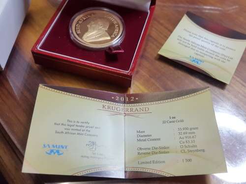 2012 PROOF KRUGER RAND 1 OUNCE .. 34 GRAMS 22ct. PROOF 70.....six available