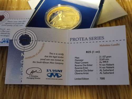 2008 ,  1 OZ 24 ct GOLD PROTEA SERIES.....GHANDI