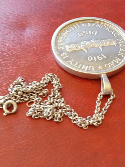 STERLING SILVER BELCHER CHAIN AND  PENDANT COIN. 38 GRAMS