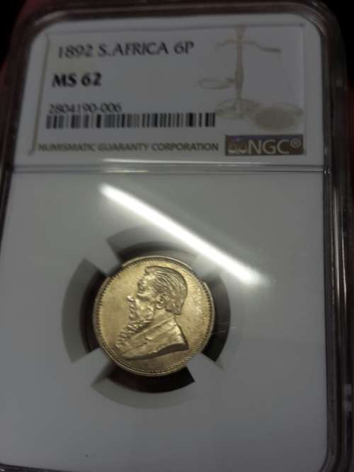 1892 ZAR 6 D MS 62 BY NGC
