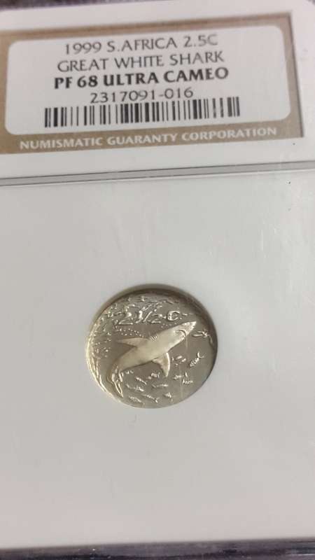 1999 RSA SILVER  TICKEY WHITE SHARK    GRADED   PF 68 ULTRA CAMEO    BY NGC