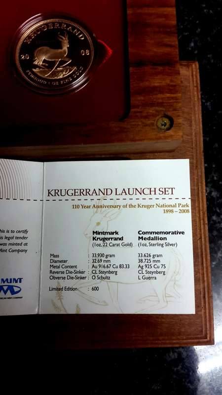2008 KRUGERRAND LAUNCH SET. 110 YEAR ANNIVERSARY OF KRUGER NATIONAL PARK. 1 OZ PROOF KRUGERRAND WITH