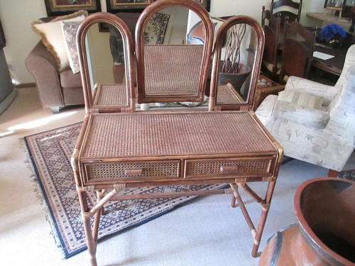 EXQUISITE CANE AND WICKER DRESSING TABLE PLUS STOOL- A STUNNING DECORATING PIECE