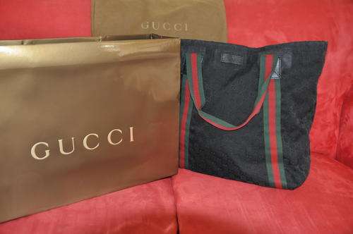 Authentic Gucci Canvas Green and Red Stripe Tote Bag