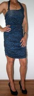 House of Dereon - Blue "Leopard Skin" Halter Dress - size Small