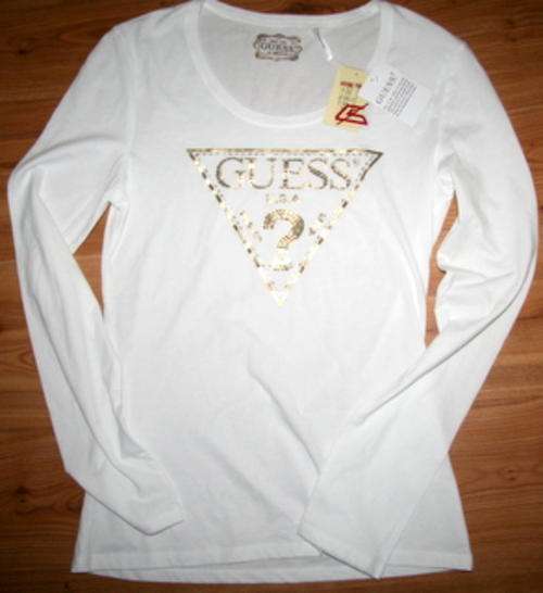 Guess - White Long  Sleeved triangle logo Tee Shirt - size Medium