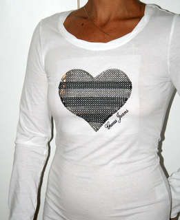 Guess Long sleeved White Tee, with silver and white heart sequin - size Small