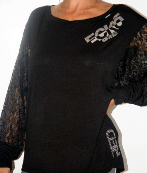 EckoRed - Black  Classic Top with Lace Sleeves - Size Medium