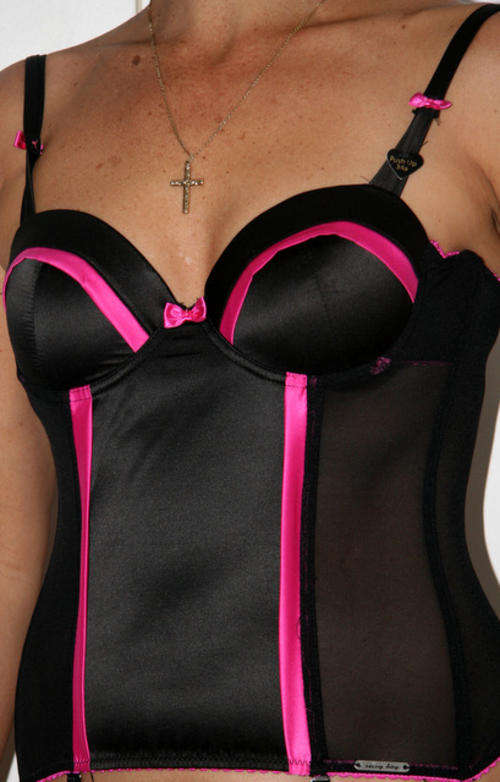 Sissy Boy - Black Satin Bustier with Suspenders - Size 34A