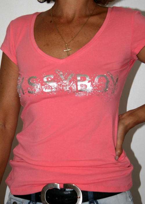 Sissy Boy -  Coral V-Neck Tee Shirt with Foil Logo - Size Large
