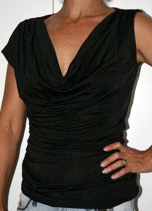 Guess - Black Asymmetric Slinky Top with Rouged detailing - Size Small